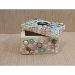 Dezine Hand-Painted Trinket Box Button Decor Vintage Resin Country Cottagecore